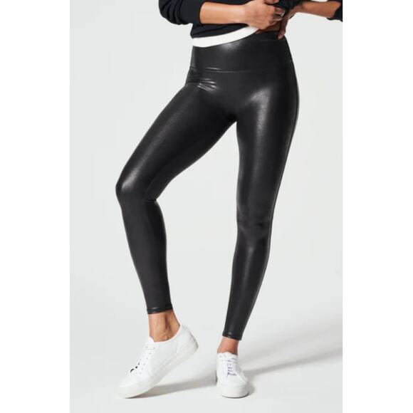 SPANX Pants - Spanx Faux Leather Leggings Women Medium Black Sheen Full Length Tummy Control